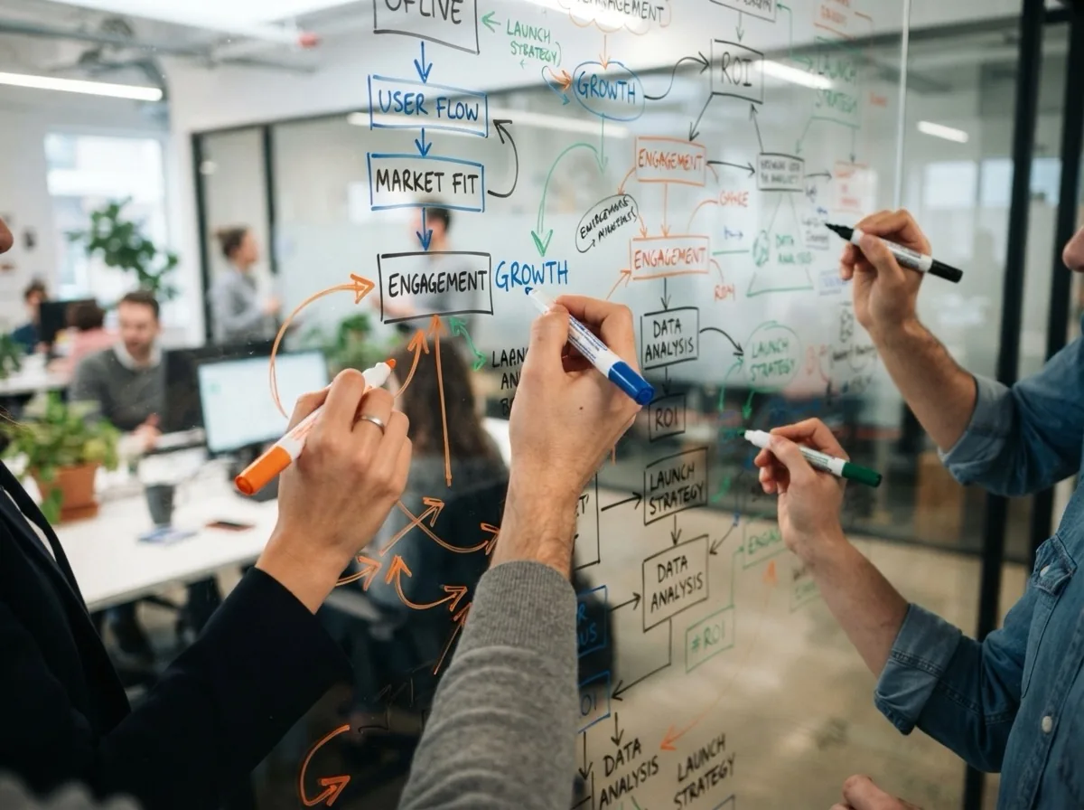 Équipe marketing analysant une stratégie de croissance au tableau blanc